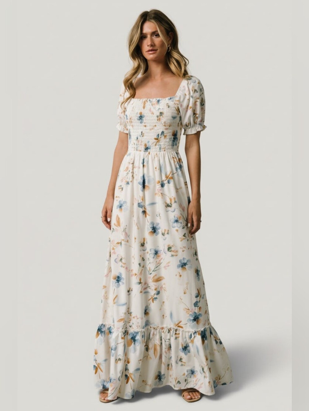 Baltic Born | Capri Smocked White Floral Maxi Dress Size Small